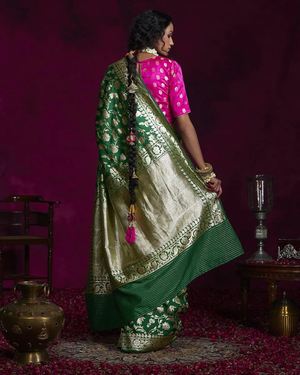 Handloom Green Katan Silk Kadhwa Banarasi Saree with all over zari Jaal