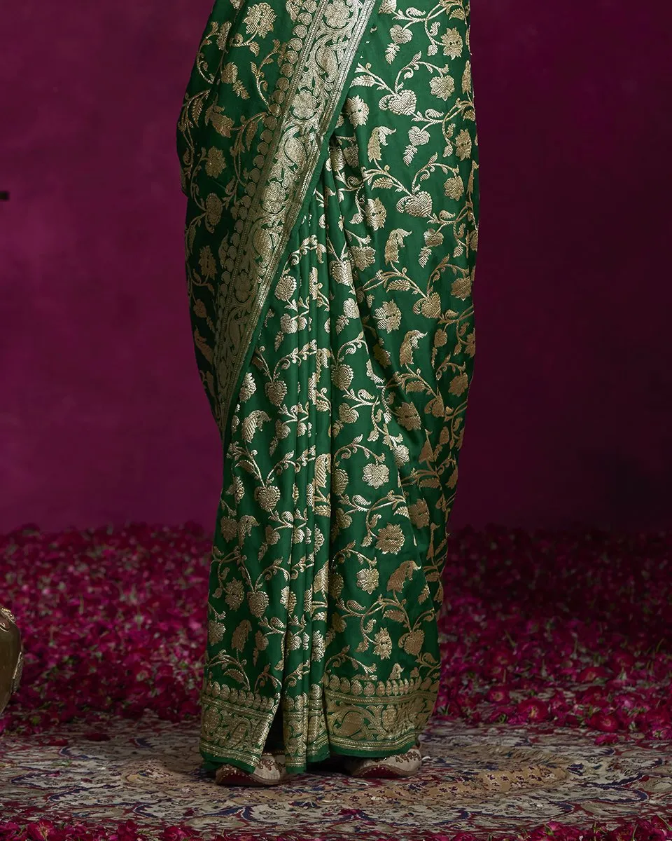 Handloom Green Katan Silk Kadhwa Banarasi Saree with all over zari Jaal