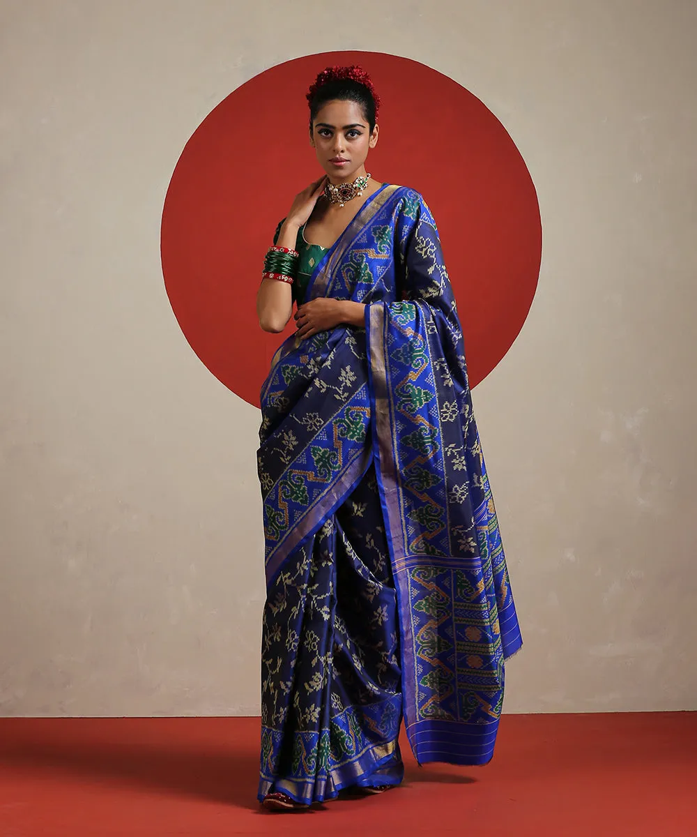 Handloom Ink Blue Pure Mulberry Silk Single Ikat Patola Saree