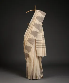 Handloom Offwhite Pure Kosa Silk Saree With Stripes And Temple Border In Grey