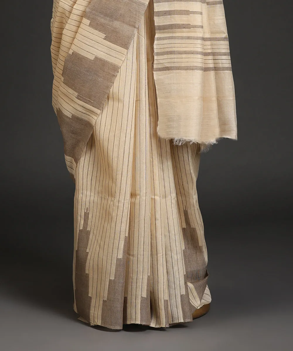 Handloom Offwhite Pure Kosa Silk Saree With Stripes And Temple Border In Grey