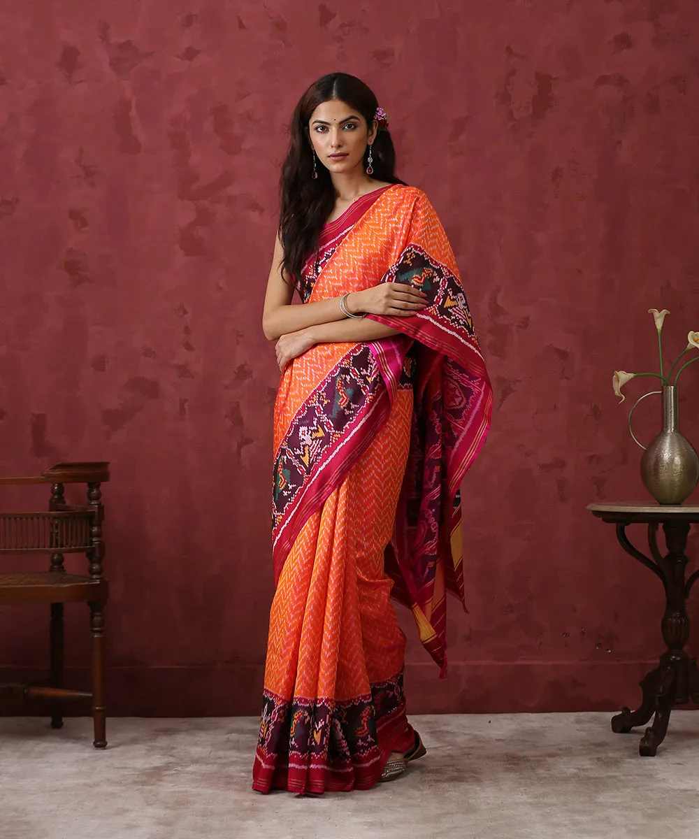 Handloom Peach Chevron Mulberry Silk Patola Saree With Pink Border