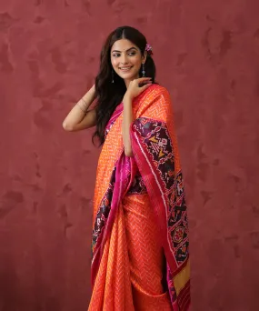 Handloom Peach Chevron Mulberry Silk Patola Saree With Pink Border