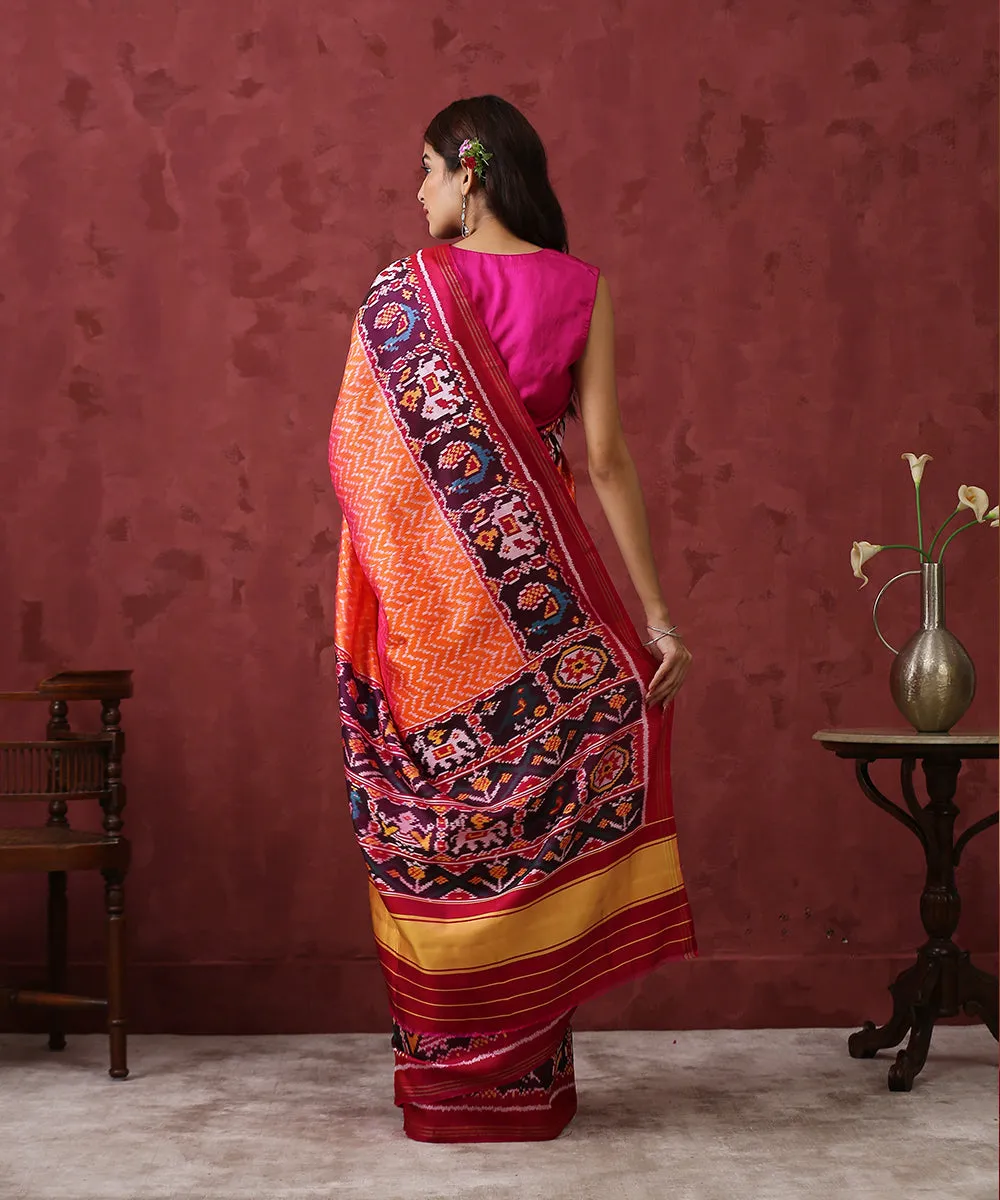 Handloom Peach Chevron Mulberry Silk Patola Saree With Pink Border