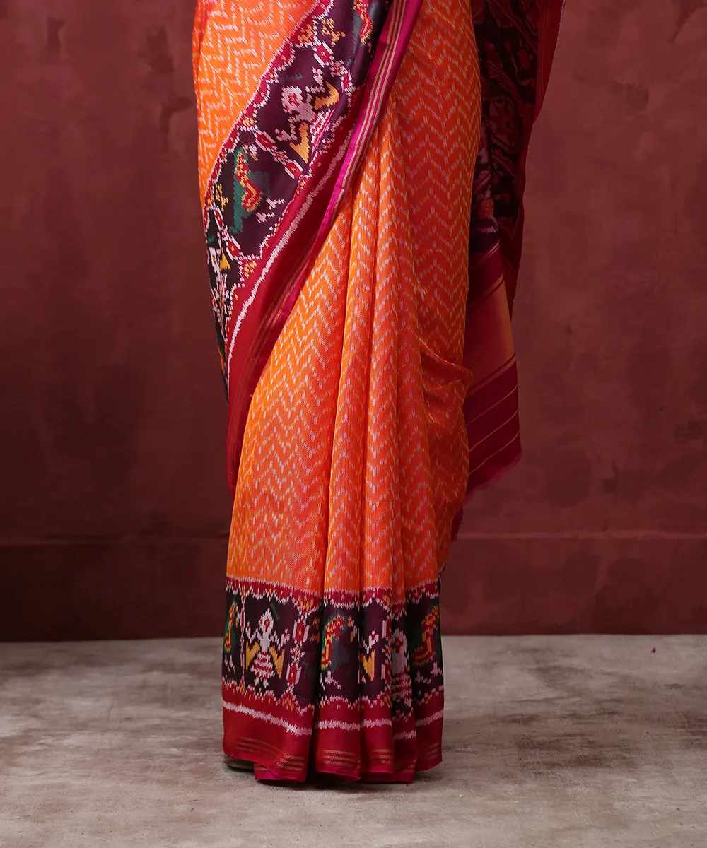 Handloom Peach Chevron Mulberry Silk Patola Saree With Pink Border