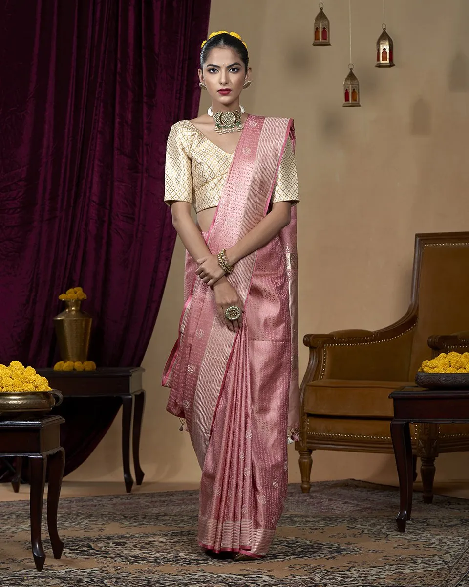 Handloom Pink and Peach Pure Katan Silk Tanchoi Banarasi Saree With Rose Flower Boota