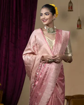 Handloom Pink and Peach Pure Katan Silk Tanchoi Banarasi Saree With Rose Flower Boota