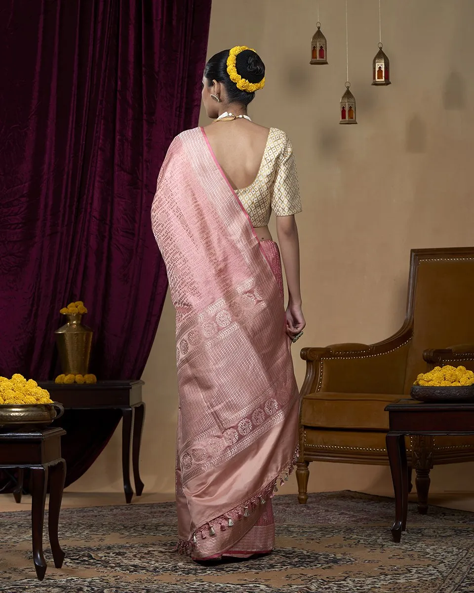 Handloom Pink and Peach Pure Katan Silk Tanchoi Banarasi Saree With Rose Flower Boota