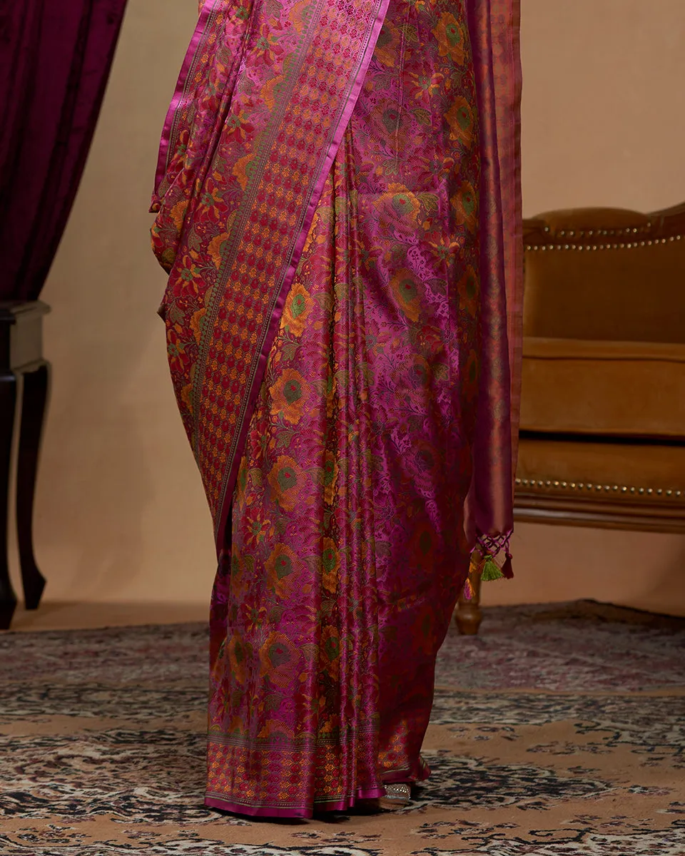 Handloom Pink Rose Flower Motifs Reshmi Tanchoi  Pure Katan Silk Banarasi Saree