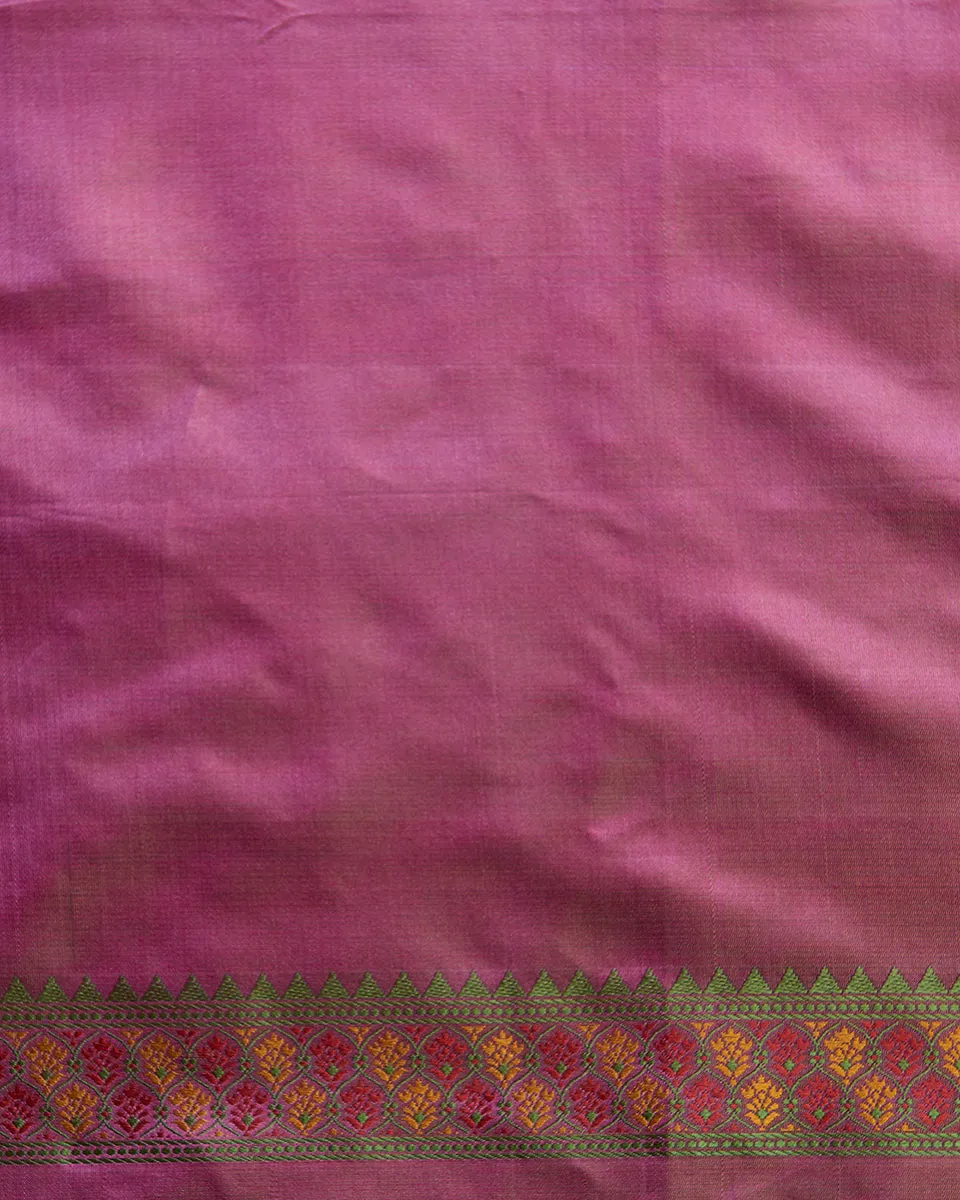 Handloom Pink Rose Flower Motifs Reshmi Tanchoi  Pure Katan Silk Banarasi Saree