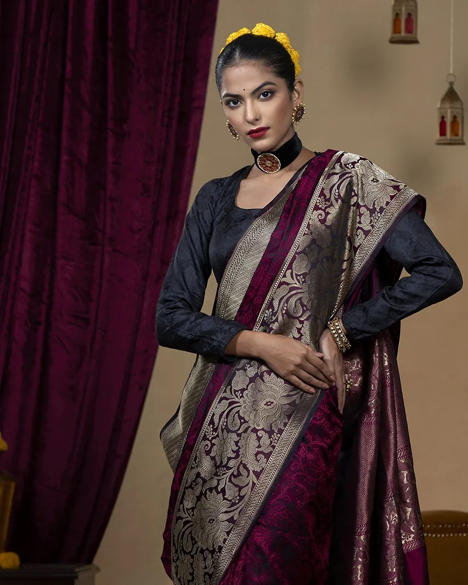 Handloom Purple And Pink Pure Katan Silk Banarasi Tanchoi Saree with Broad Border