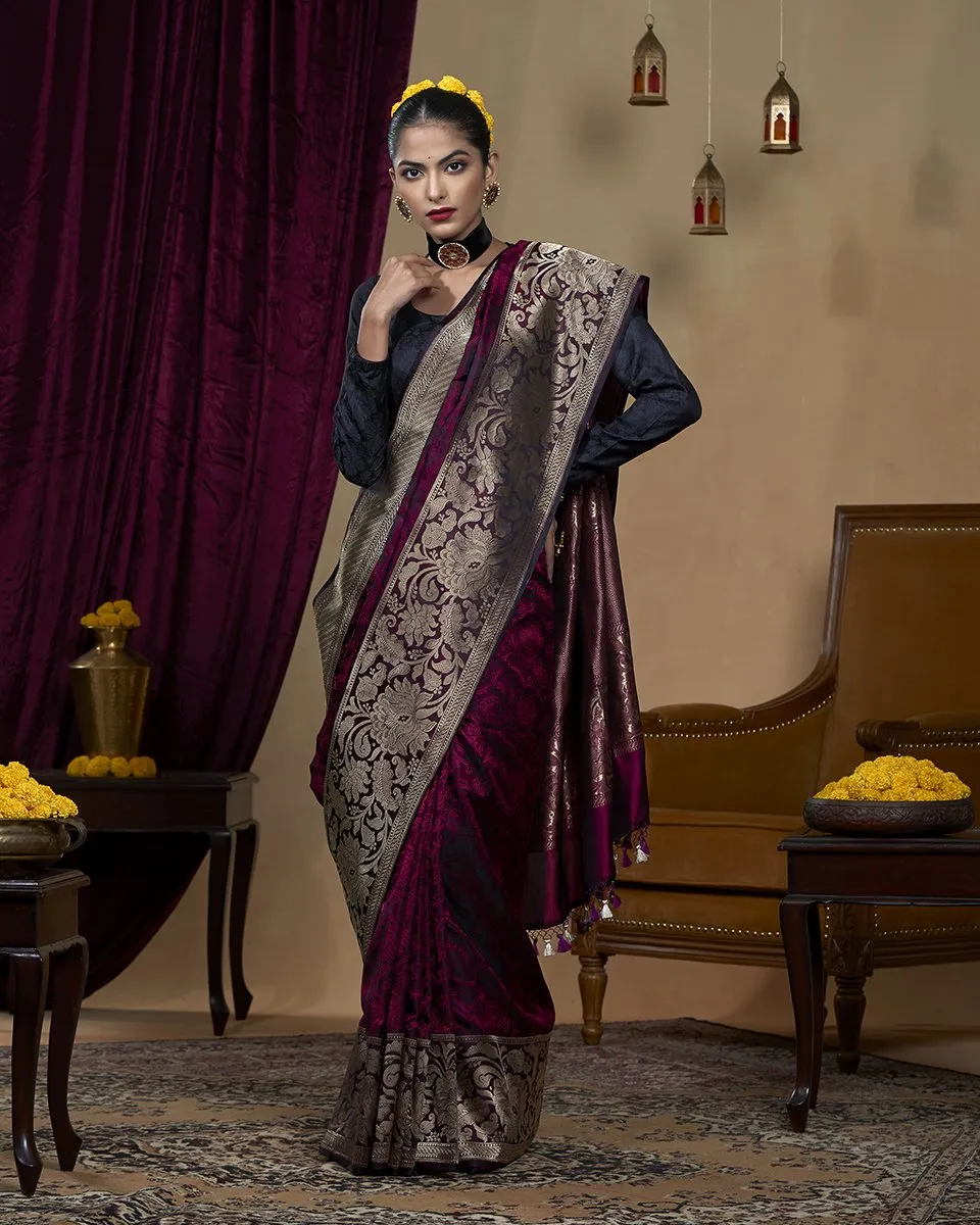 Handloom Purple And Pink Pure Katan Silk Banarasi Tanchoi Saree with Broad Border