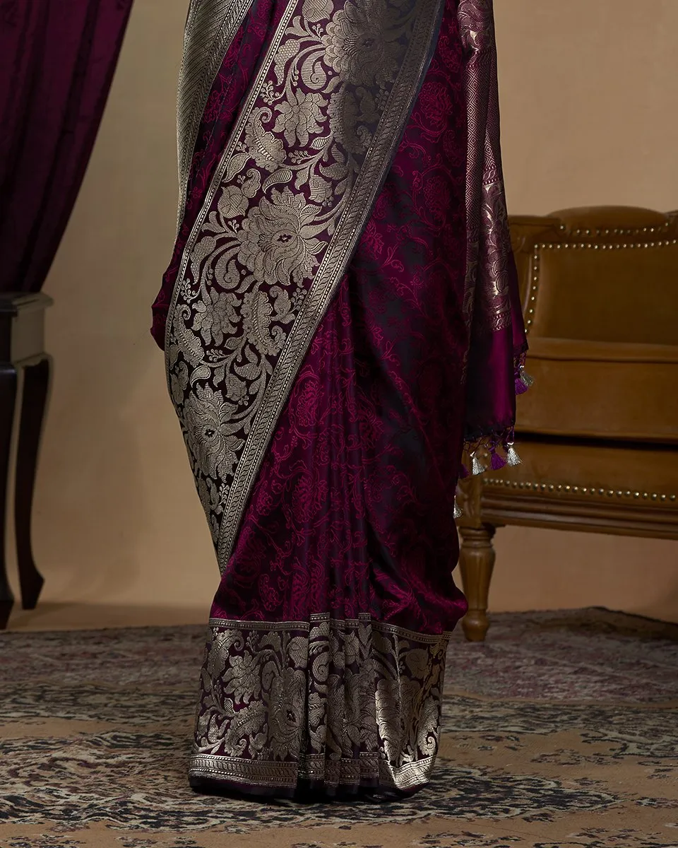 Handloom Purple And Pink Pure Katan Silk Banarasi Tanchoi Saree with Broad Border