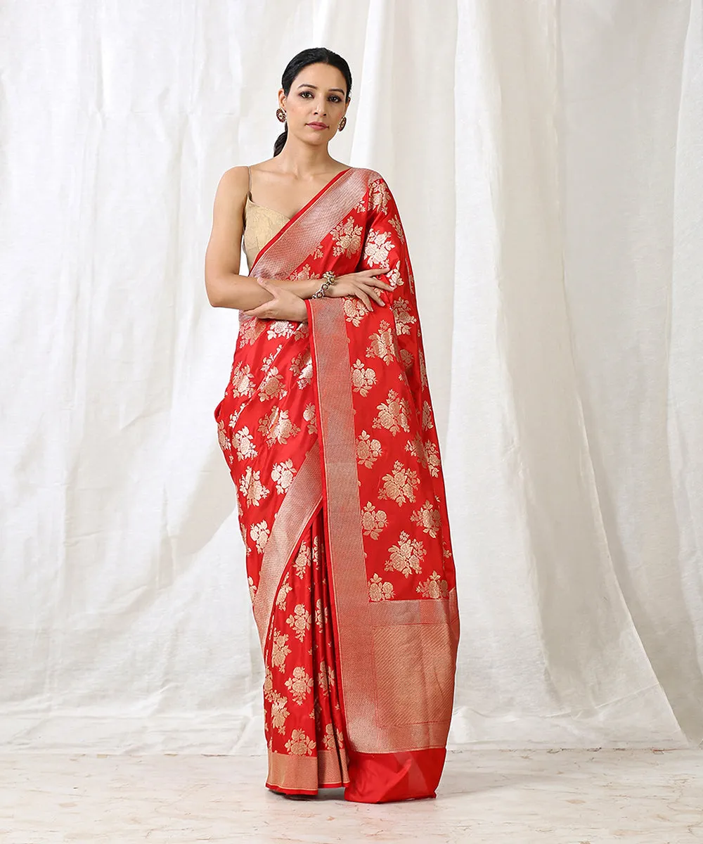 Handloom Red Pure Katan Silk  Banarasi Saree with Cutwork Floral Bunches