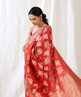 Handloom Red Pure Katan Silk  Banarasi Saree with Cutwork Floral Bunches