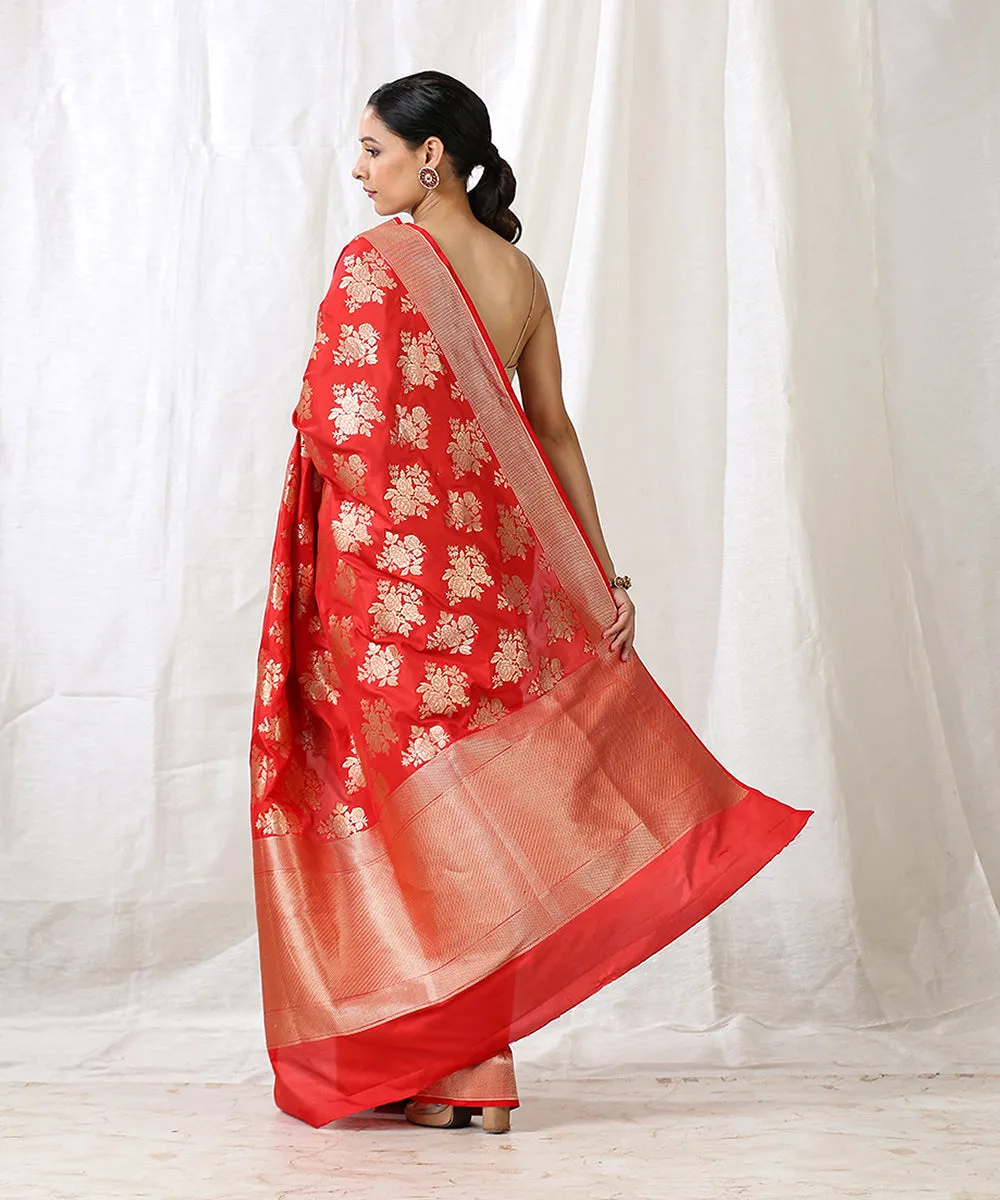 Handloom Red Pure Katan Silk  Banarasi Saree with Cutwork Floral Bunches