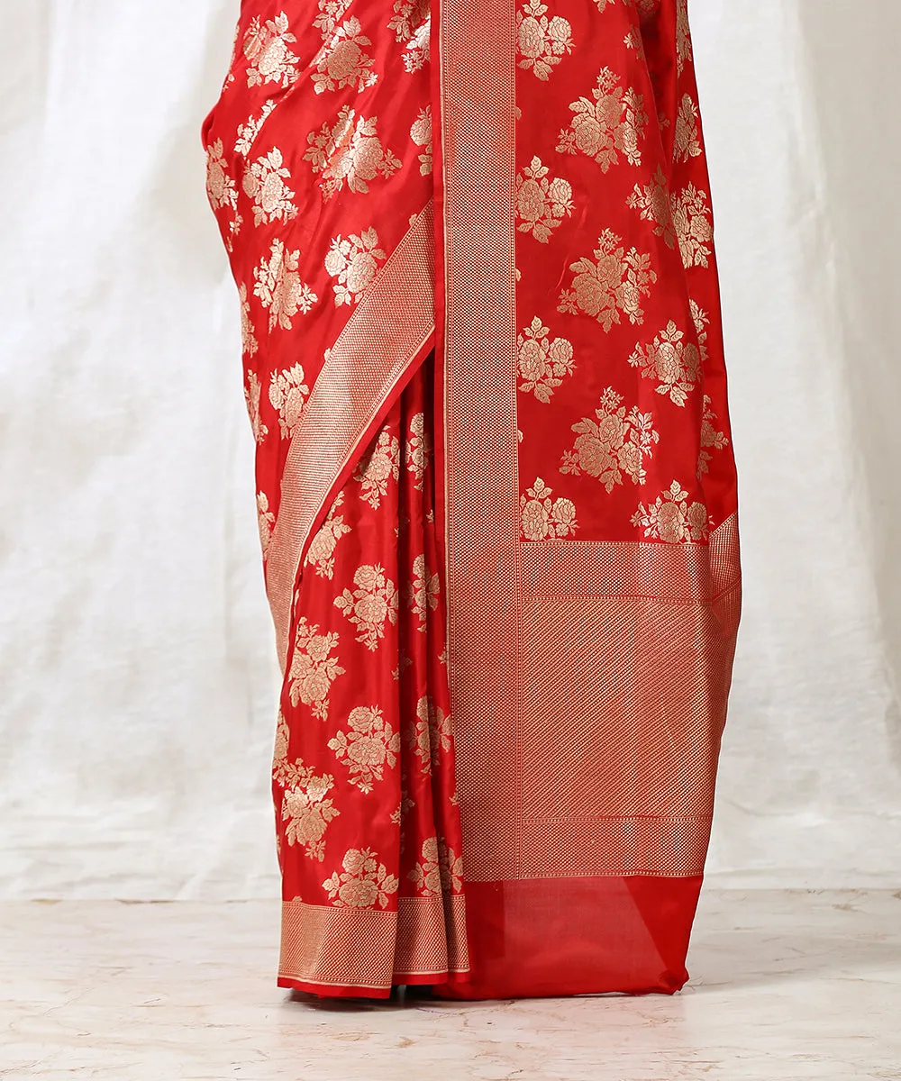 Handloom Red Pure Katan Silk  Banarasi Saree with Cutwork Floral Bunches