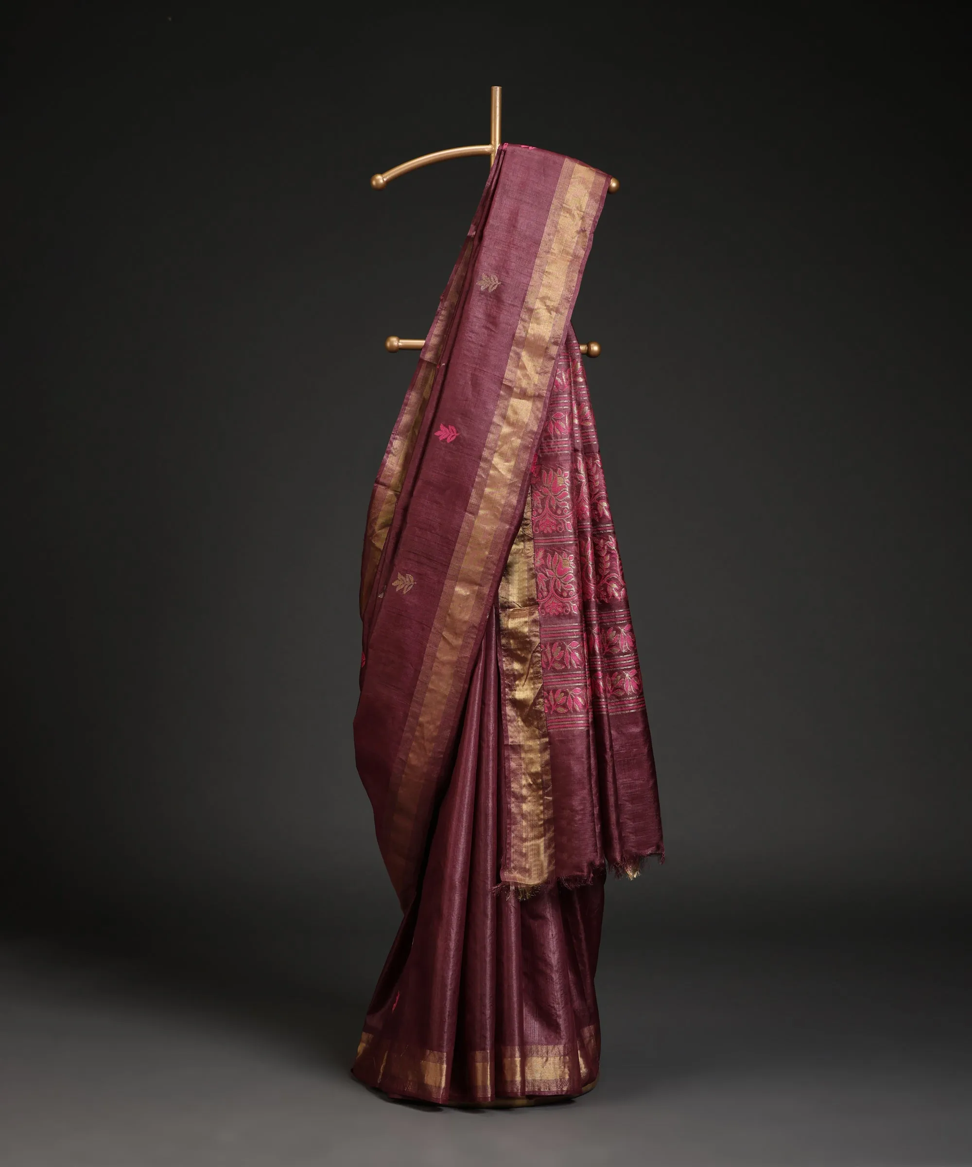 Handloom Wine Pure Kosa Silk Saree With All Over Booti And Golden Zari Border