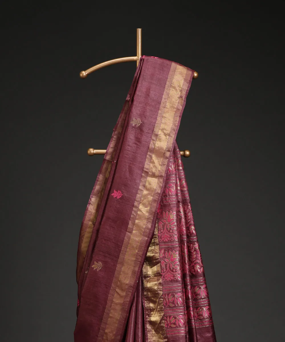 Handloom Wine Pure Kosa Silk Saree With All Over Booti And Golden Zari Border