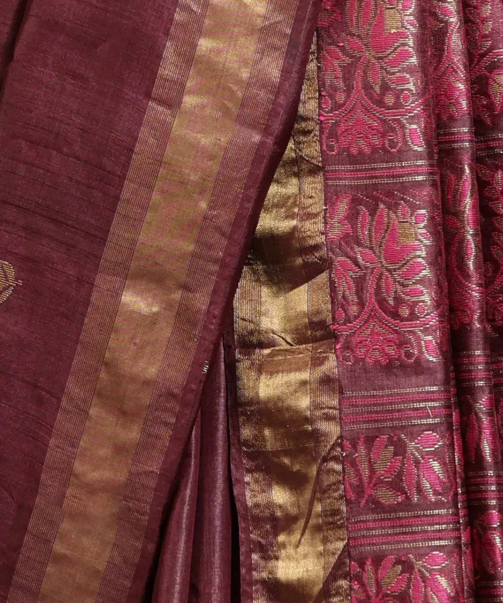 Handloom Wine Pure Kosa Silk Saree With All Over Booti And Golden Zari Border