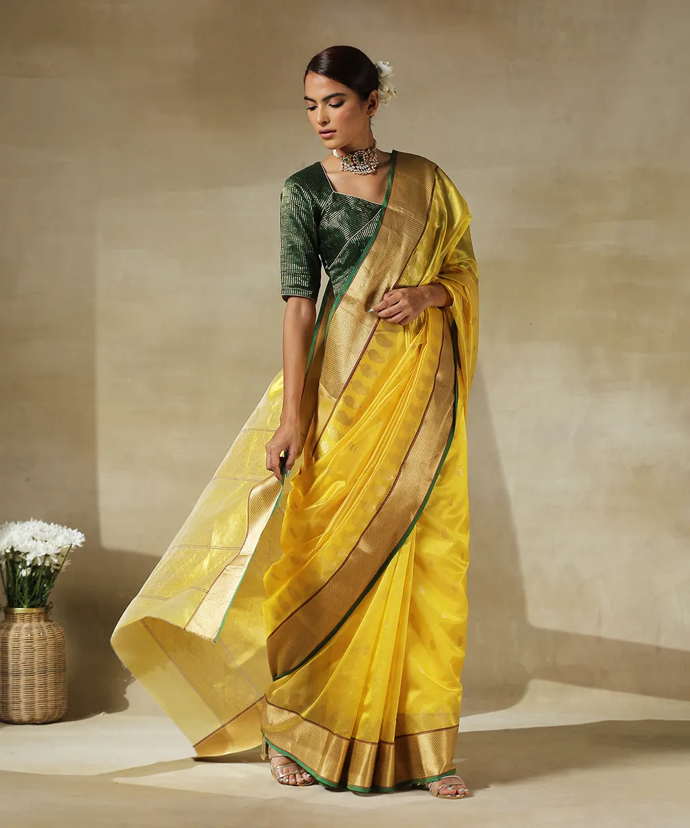 Handloom Yellow Chanderi Silk Saree With Paisley Woven All Over And Paisley Border