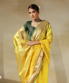 Handloom Yellow Chanderi Silk Saree With Paisley Woven All Over And Paisley Border