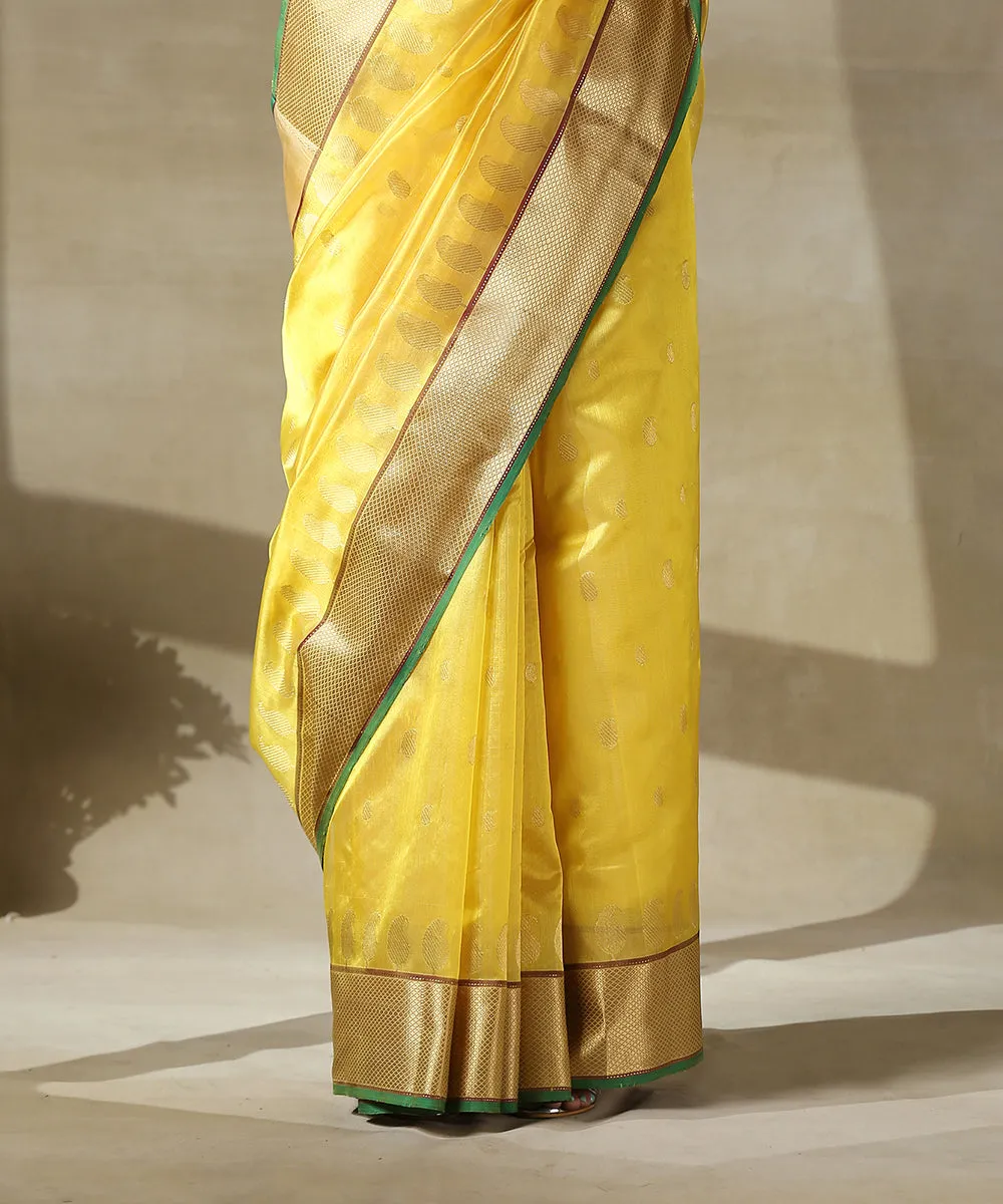 Handloom Yellow Chanderi Silk Saree With Paisley Woven All Over And Paisley Border