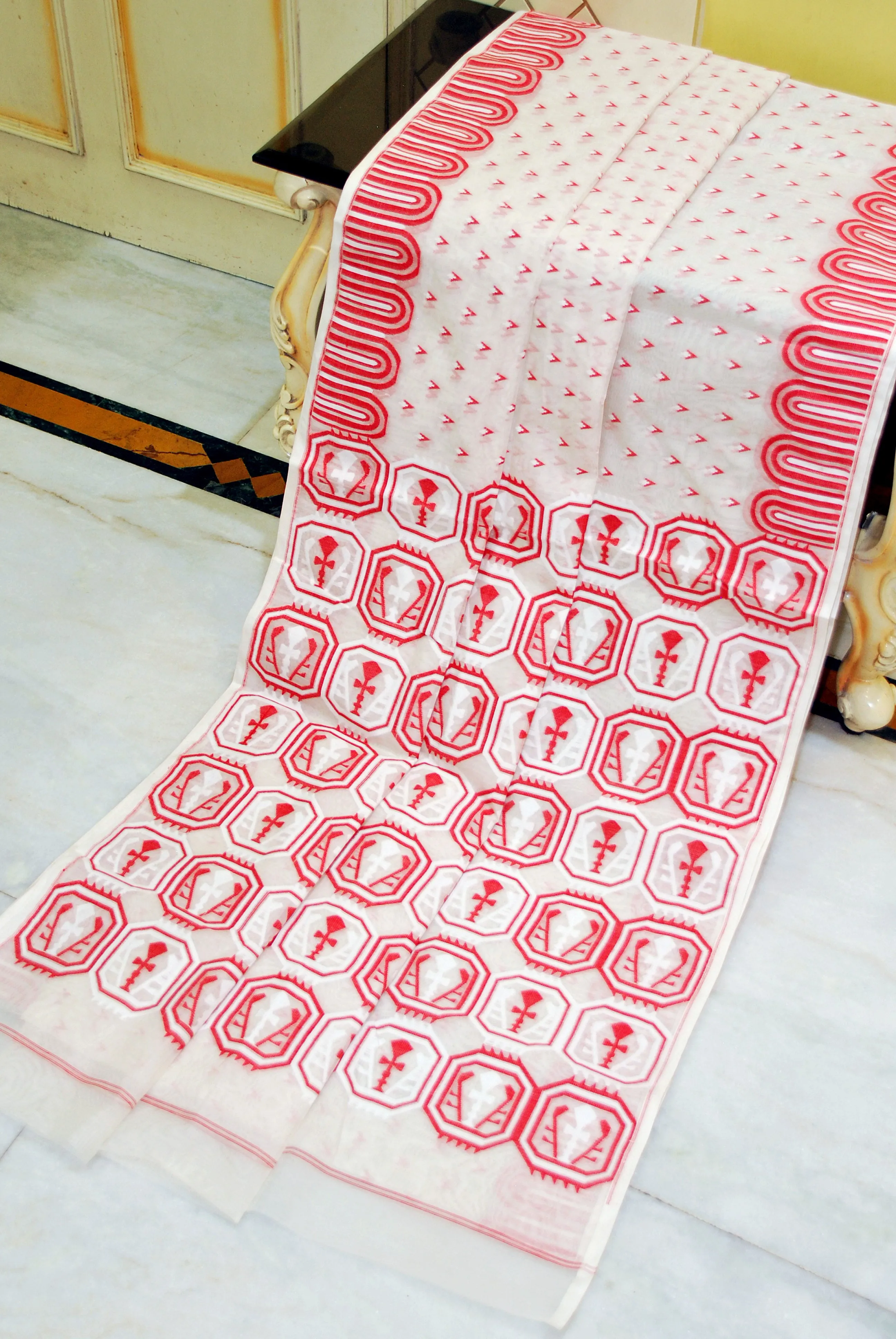 Handwoven Jamdani Saree in Off White, White and Red