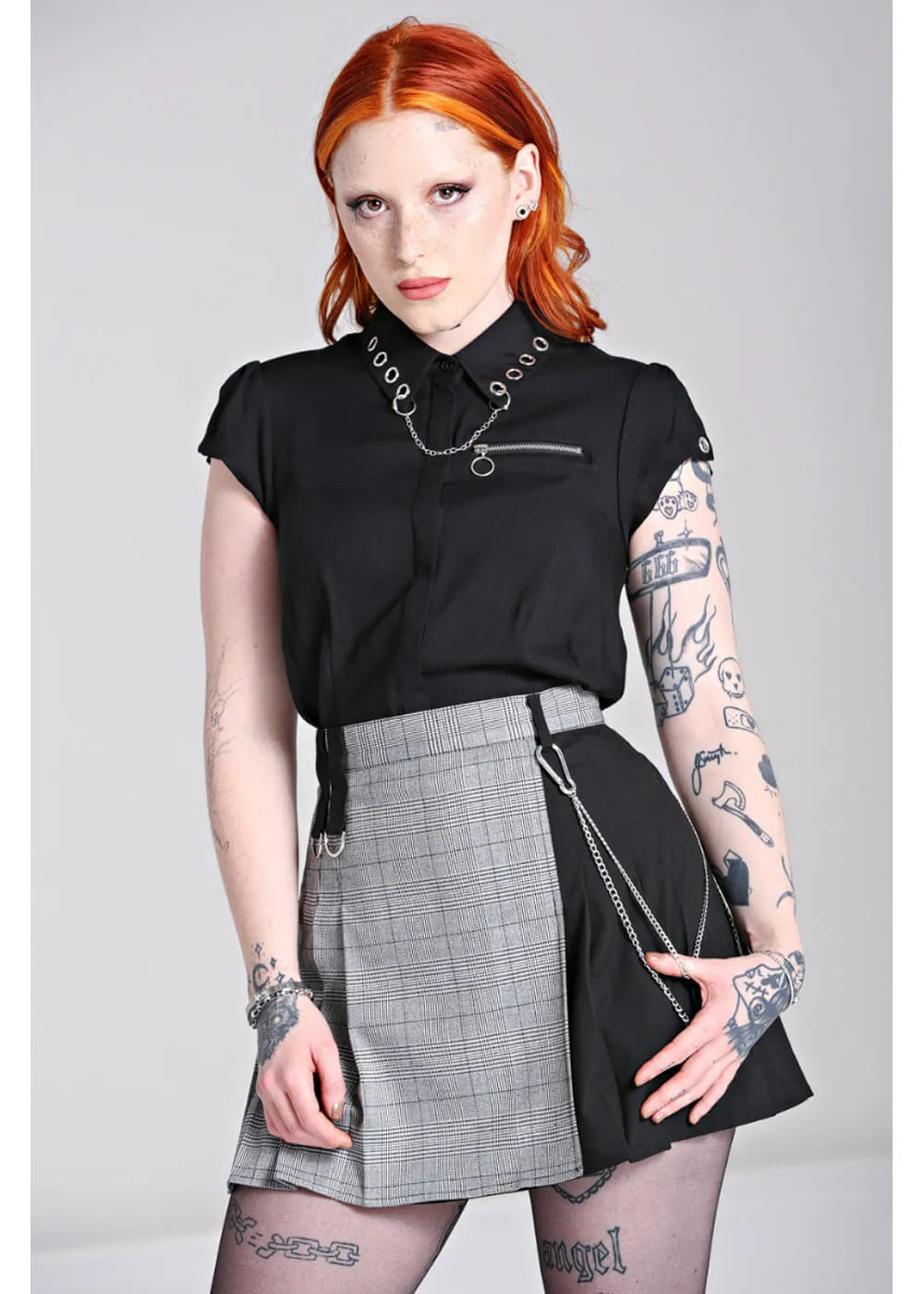 Hell Bunny Mina Tartan 60's Mini Skirt Grey