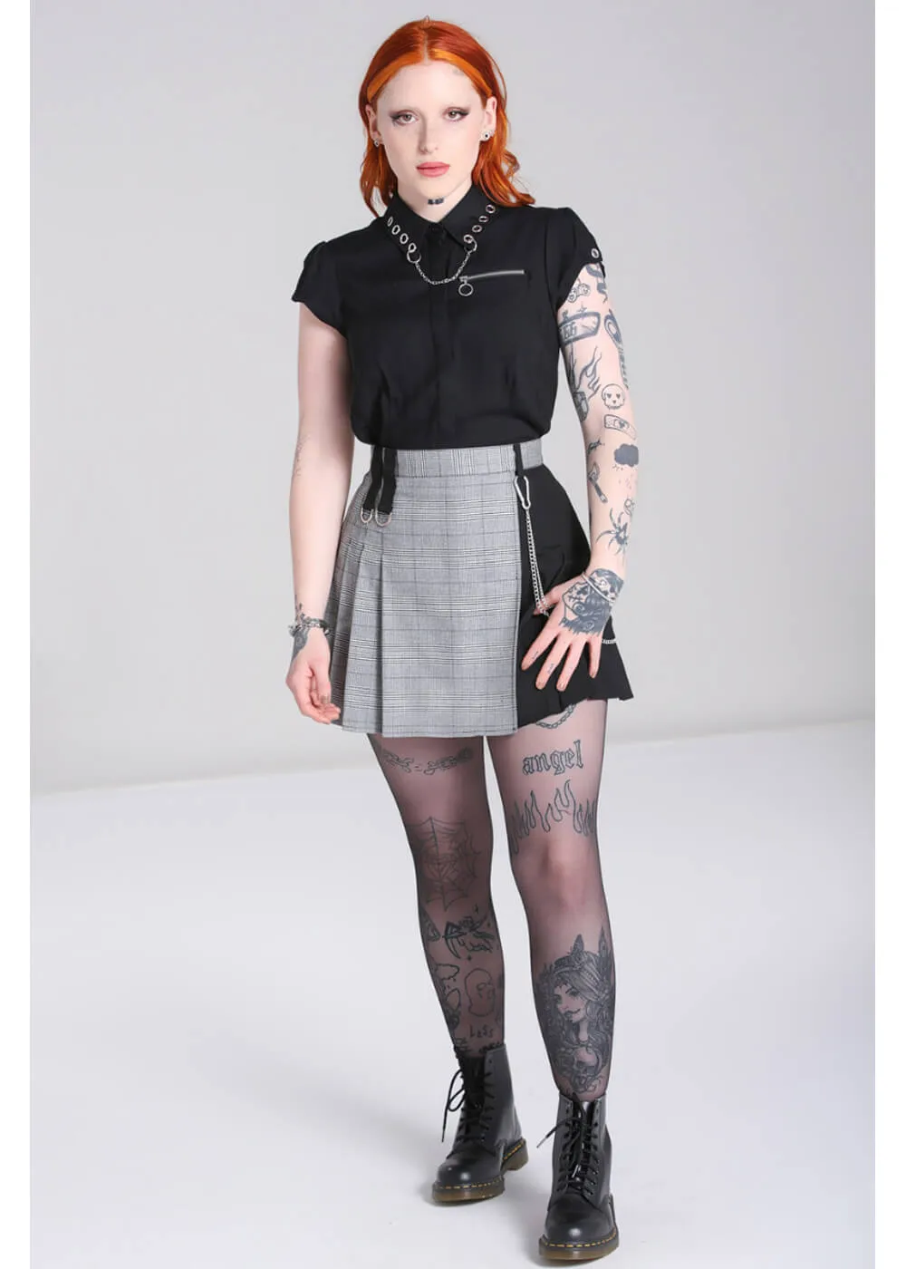 Hell Bunny Mina Tartan 60's Mini Skirt Grey