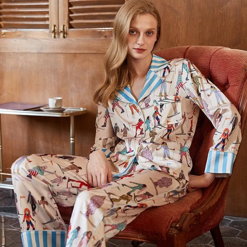 Ice silk pajamas women high end ins style lapel spring and autumn long sleeved home wear