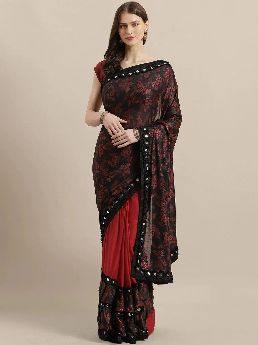 Ishin Lycra Maroon Half & Half Printed Women's Saree With Ruffles