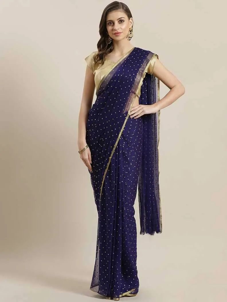 Ishin Poly Chiffon Navy Blue Foil Printed Women's Saree