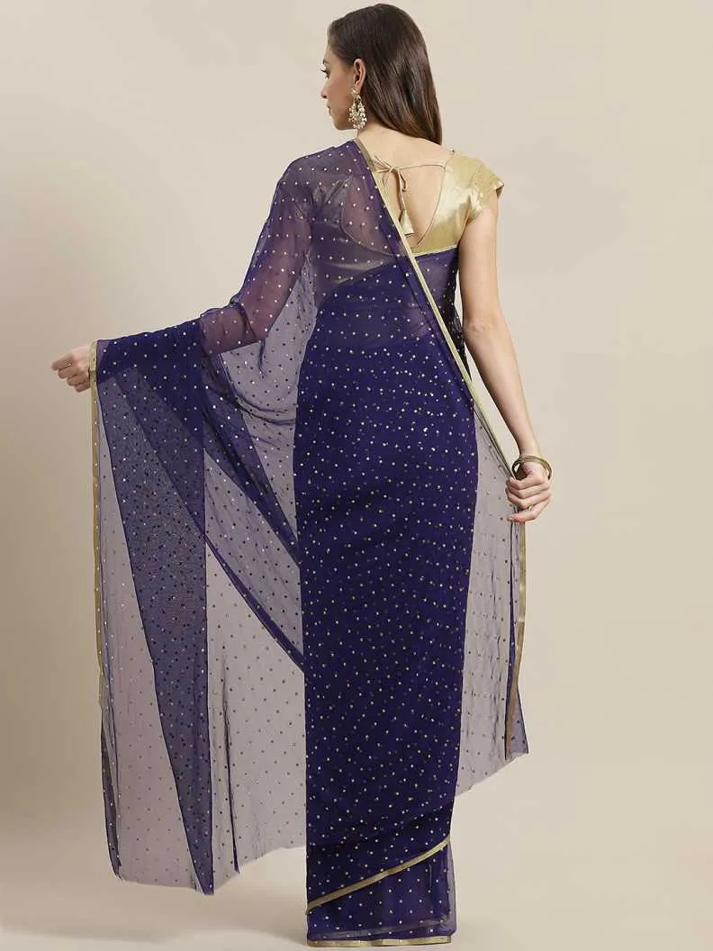 Ishin Poly Chiffon Navy Blue Foil Printed Women's Saree