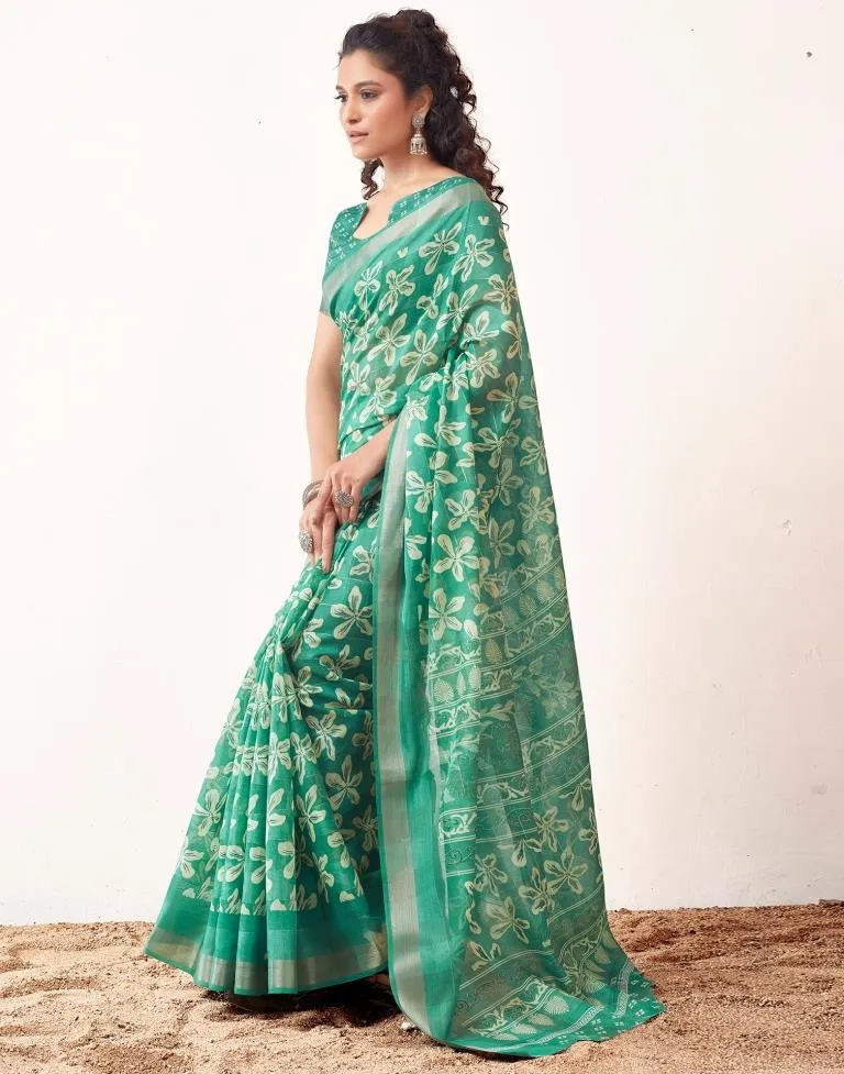 Jade Green Cotton Printed Sarees