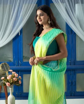 Lemon Yellow And Forest Green Ombre Pattern Digital Print Kota Doria Saree With Sequins Lace Border