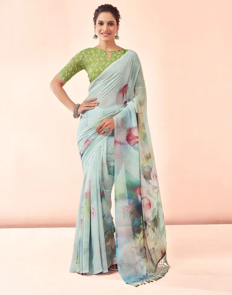 Light Mint Green Georgette Printed Sarees