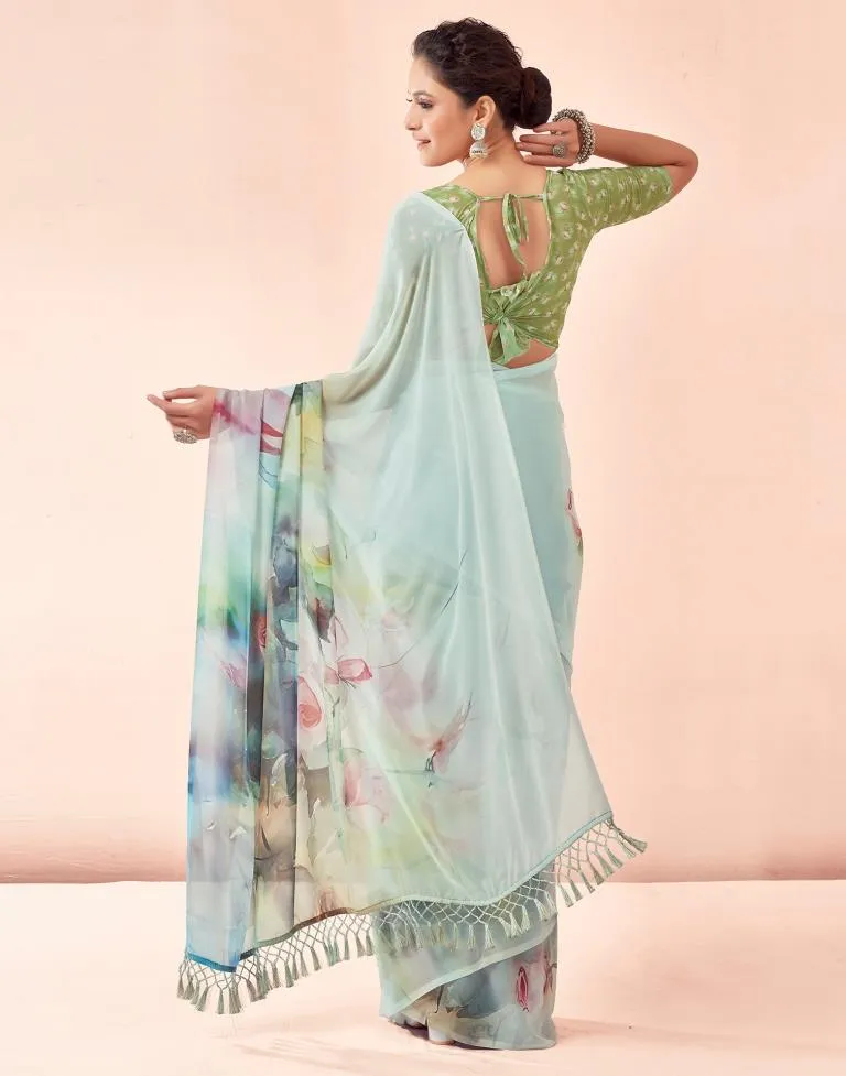 Light Mint Green Georgette Printed Sarees