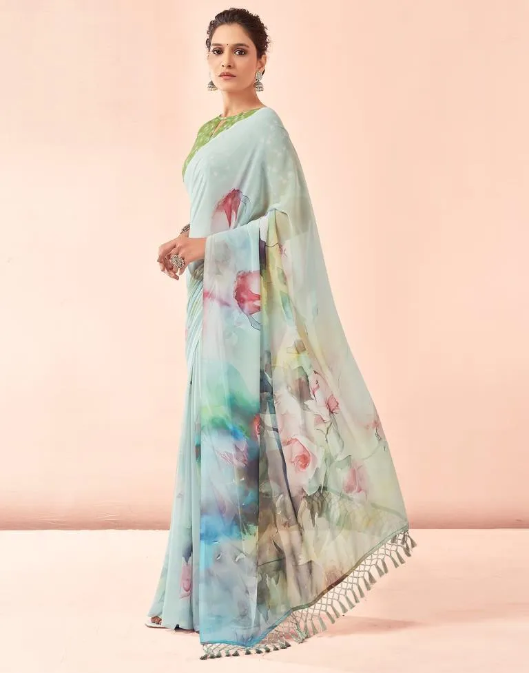 Light Mint Green Georgette Printed Sarees