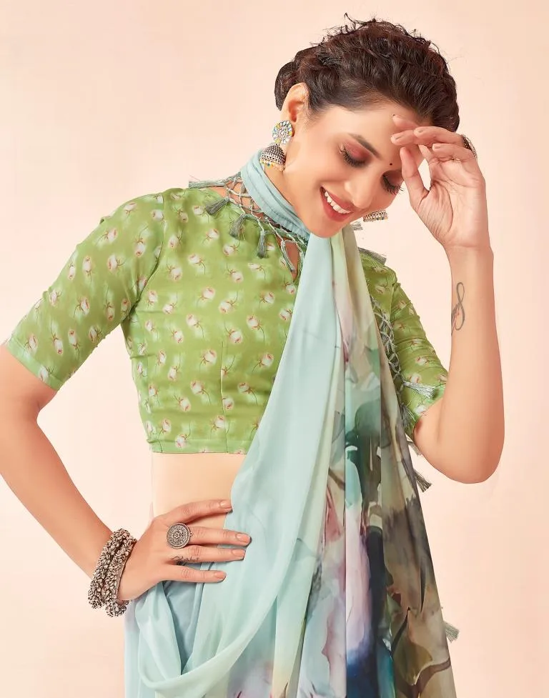 Light Mint Green Georgette Printed Sarees