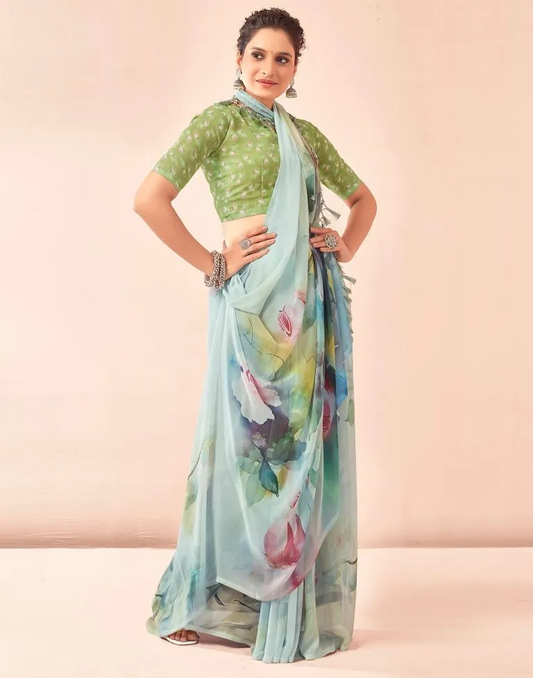 Light Mint Green Georgette Printed Sarees