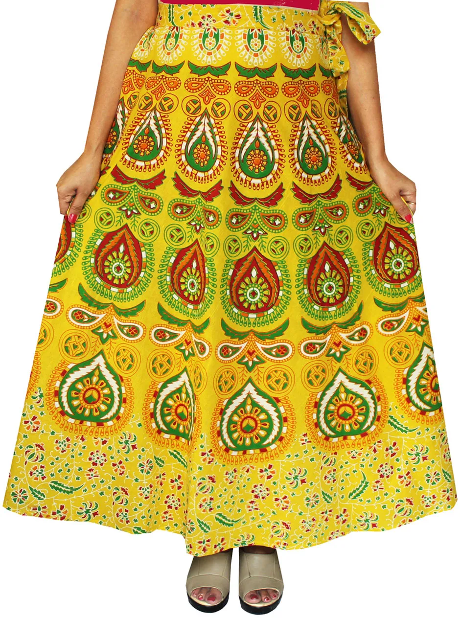 Long Cotton Women's Wrap Around Skirts from India (Yellow, One Size)