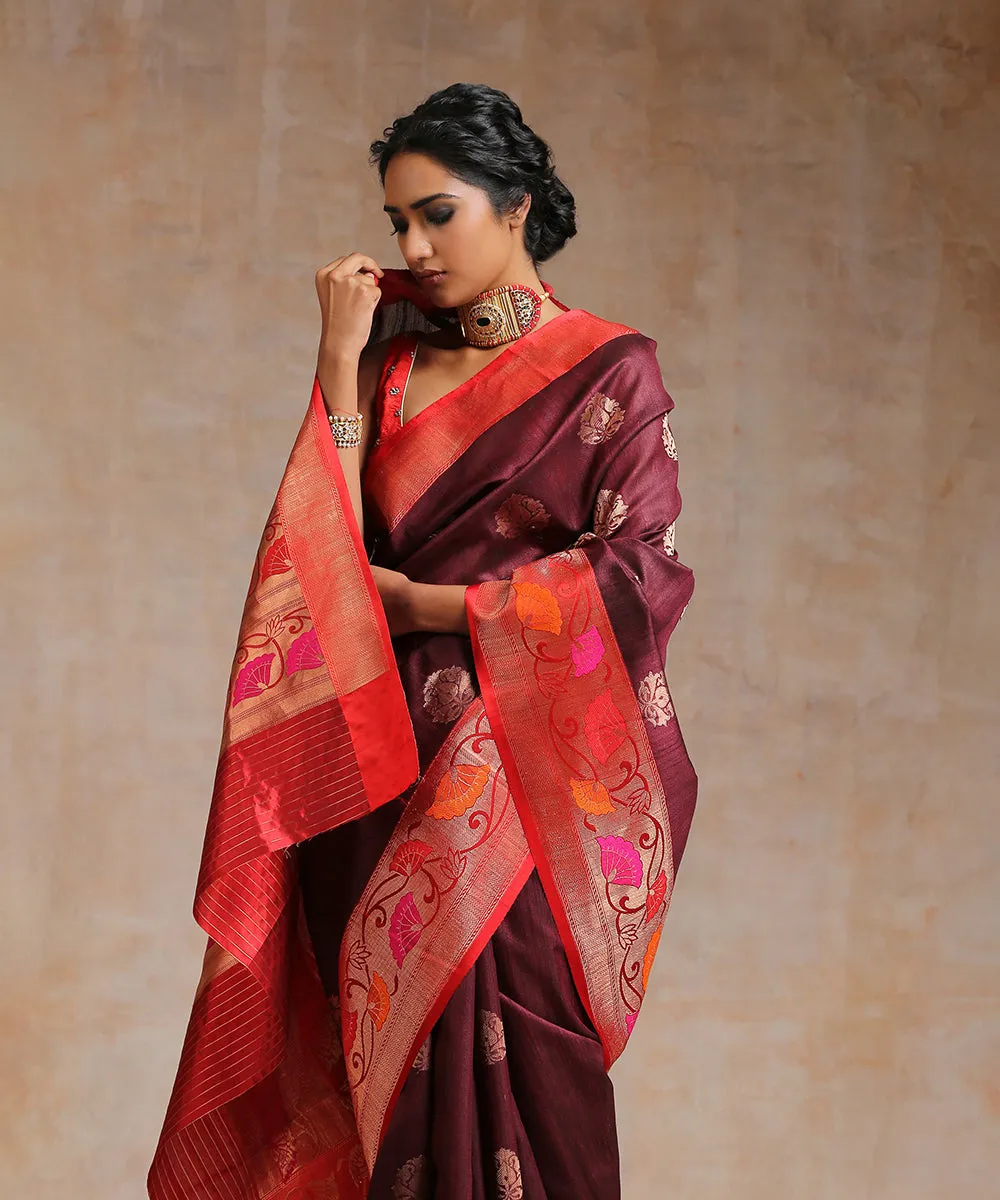 Maroon Handloom Tussar Silk Banarasi Saree With Red Border