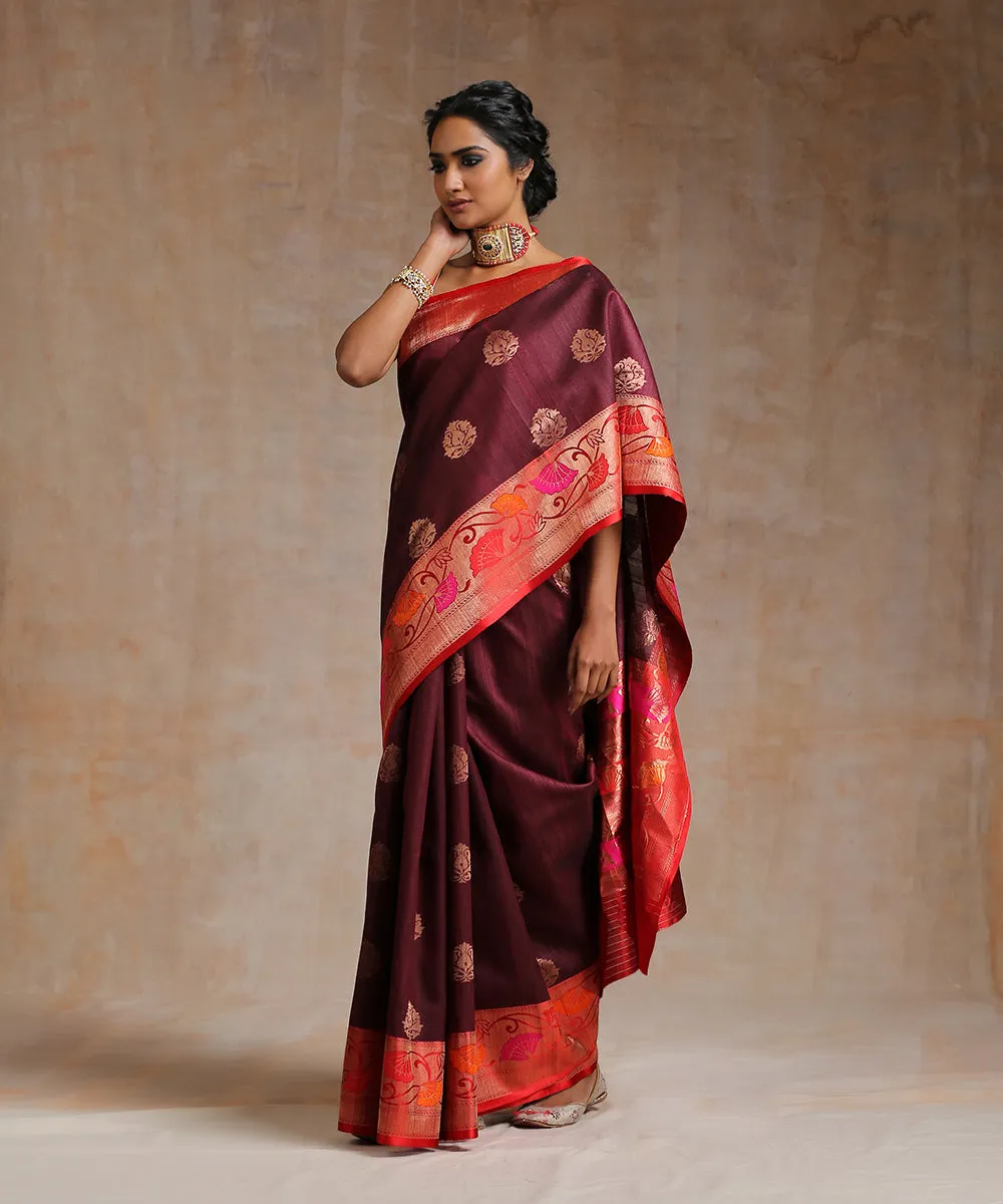 Maroon Handloom Tussar Silk Banarasi Saree With Red Border