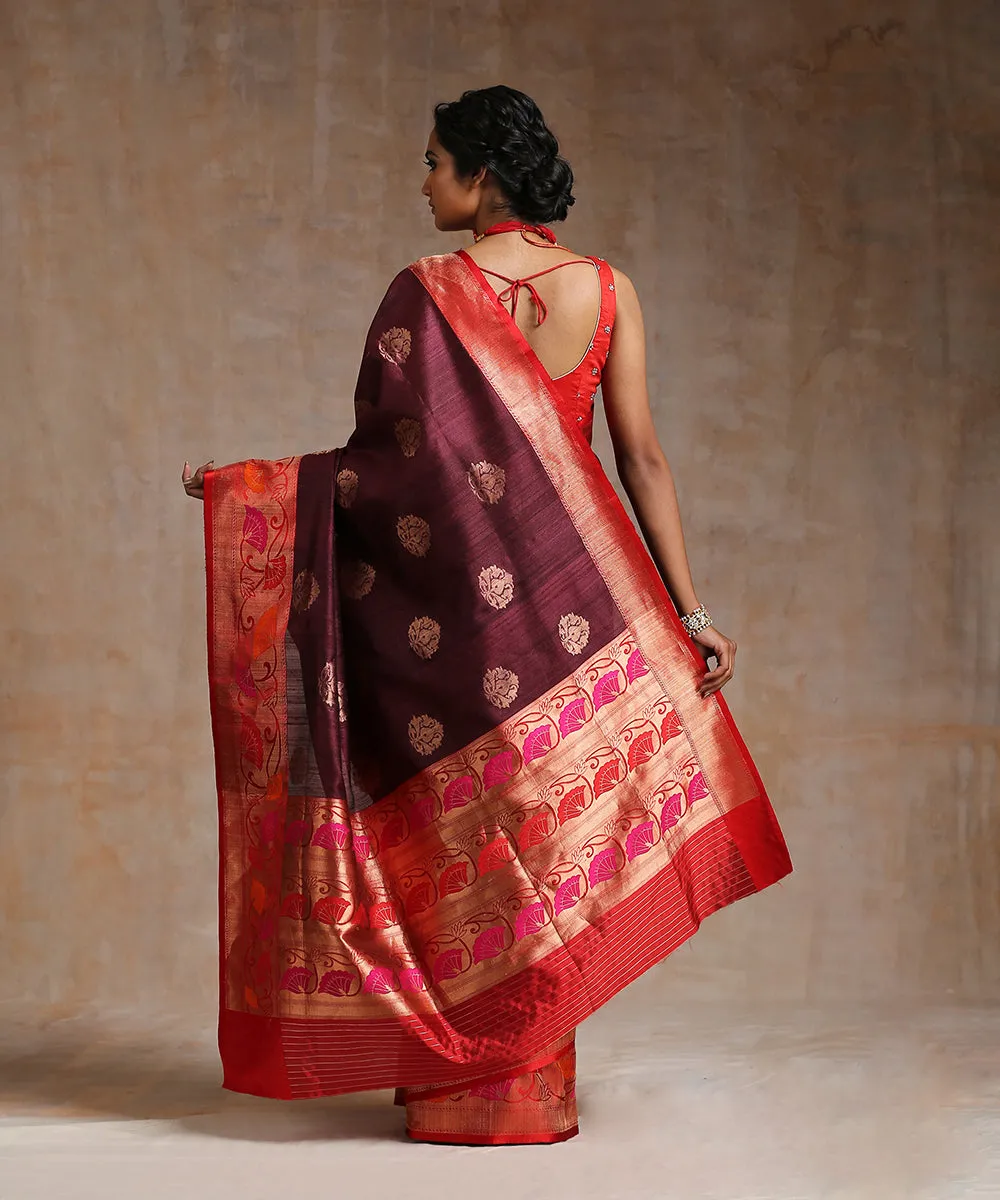 Maroon Handloom Tussar Silk Banarasi Saree With Red Border