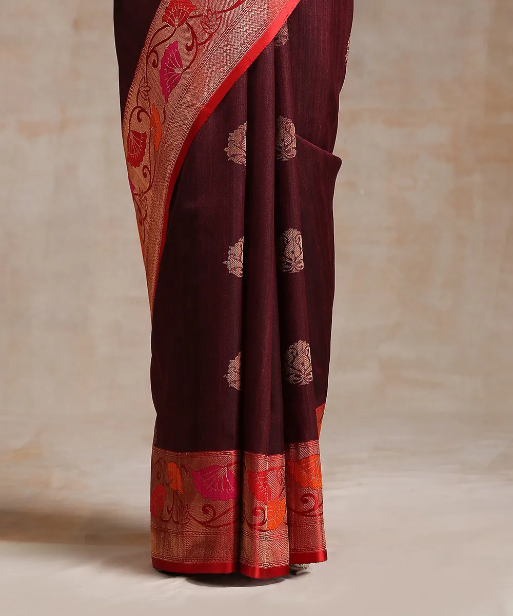 Maroon Handloom Tussar Silk Banarasi Saree With Red Border