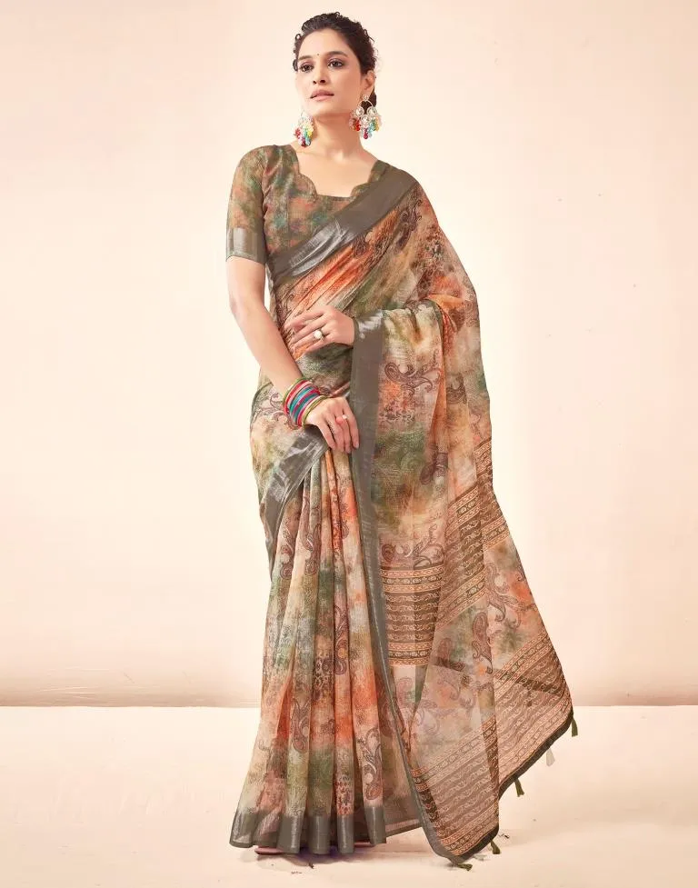 Mehandi Green Linen Printed Sarees