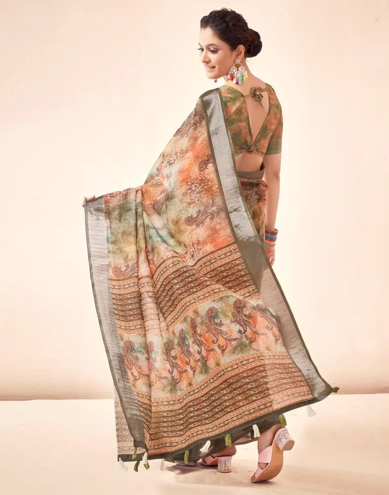 Mehandi Green Linen Printed Sarees