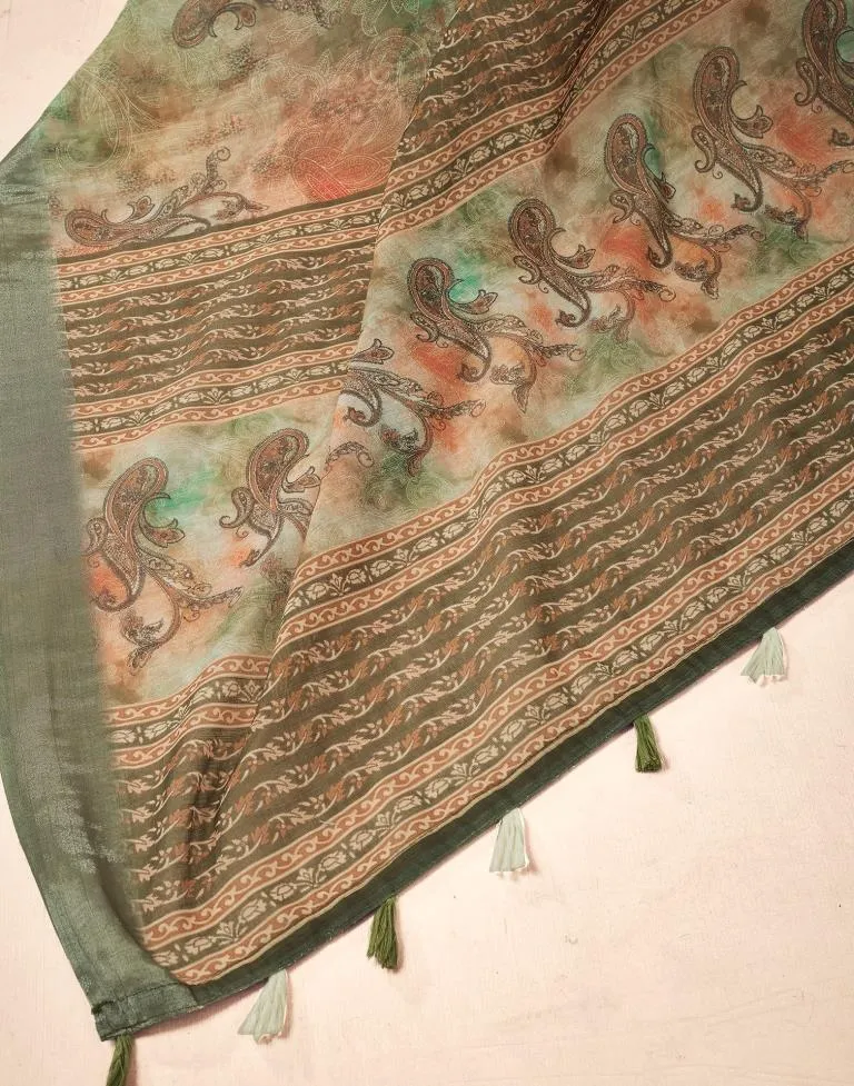 Mehandi Green Linen Printed Sarees