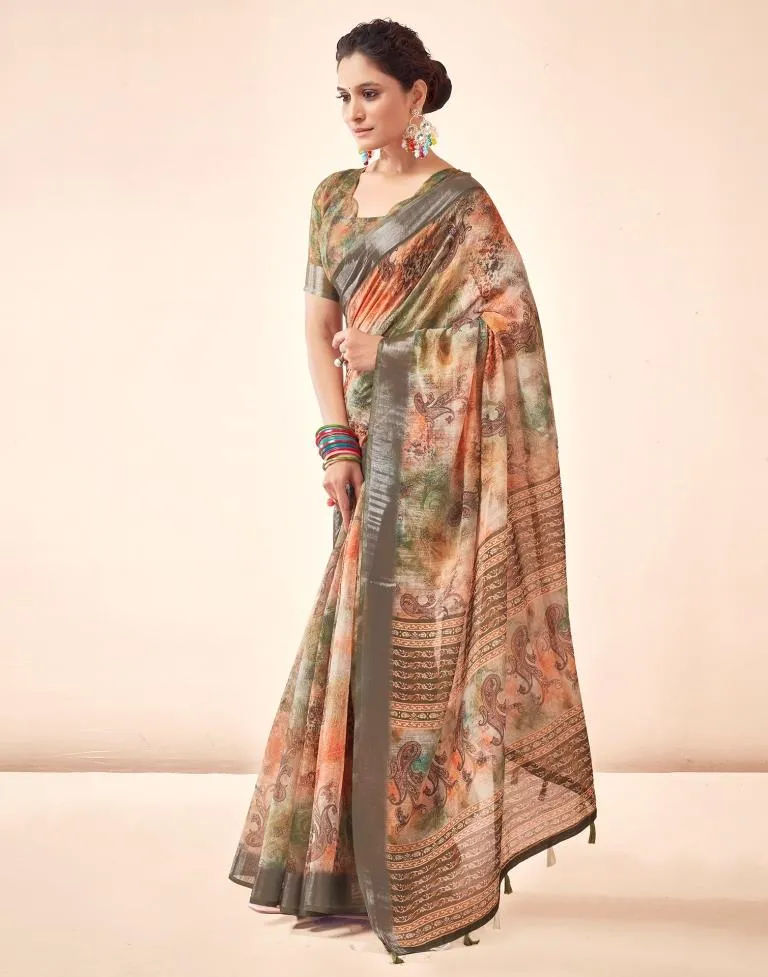 Mehandi Green Linen Printed Sarees